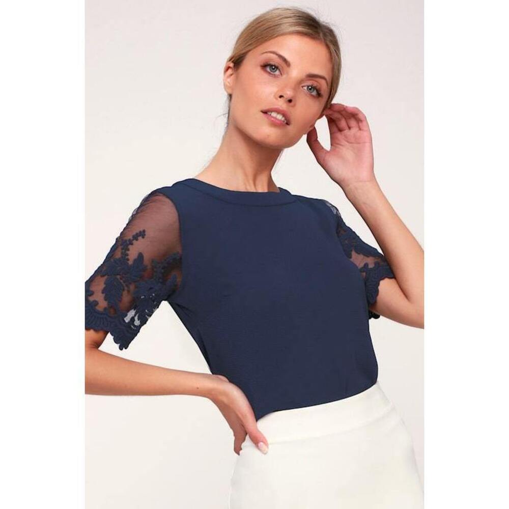 Lulus Lisa Marie Navy Blue Embroidered Top - Size M